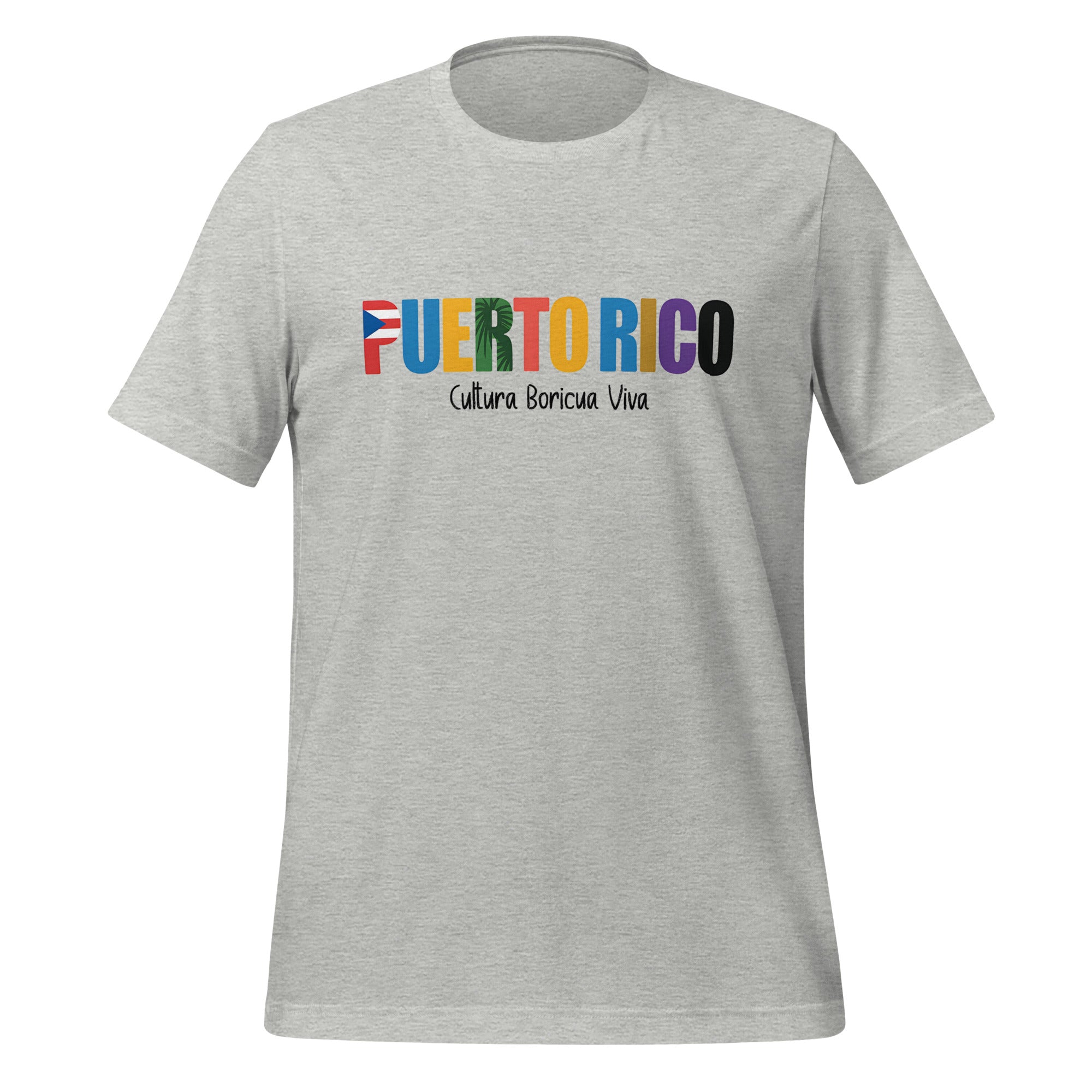 T-shirt con diseño colorido del país Puerto Rico con texto “Puerto Rico – Cultura Boricua Viva”.